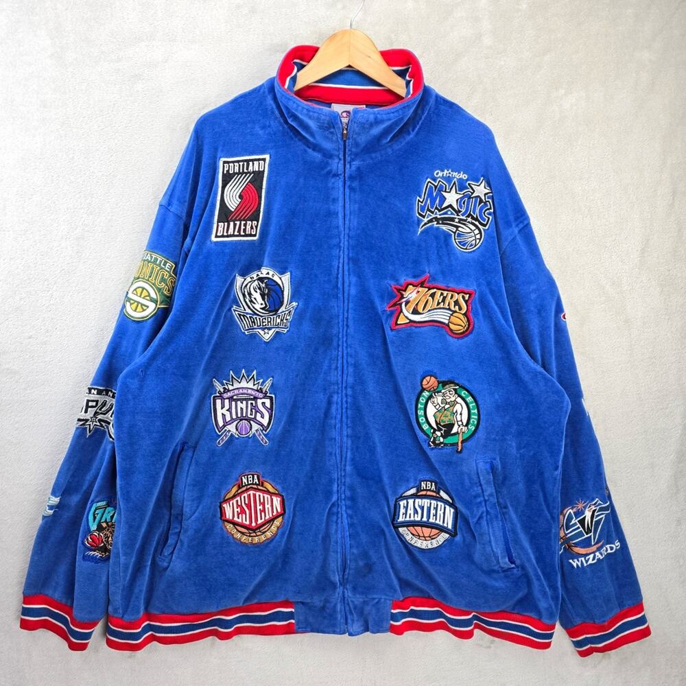 Vintage Unique Generation NBA Teams Patched Logo Velour Jacket Mens 3XL Blue Y2K